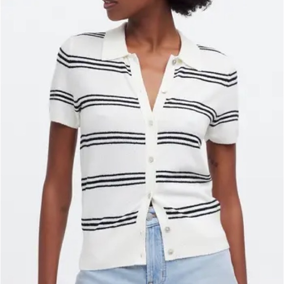 Madewell Tops - Madewell Top Womens Large Stripe Knit Short Sleeve Button Up Polo Sporty Prep